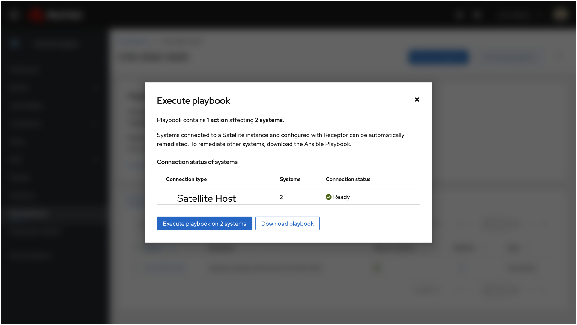Red Hat Insights Execute Playbook screen