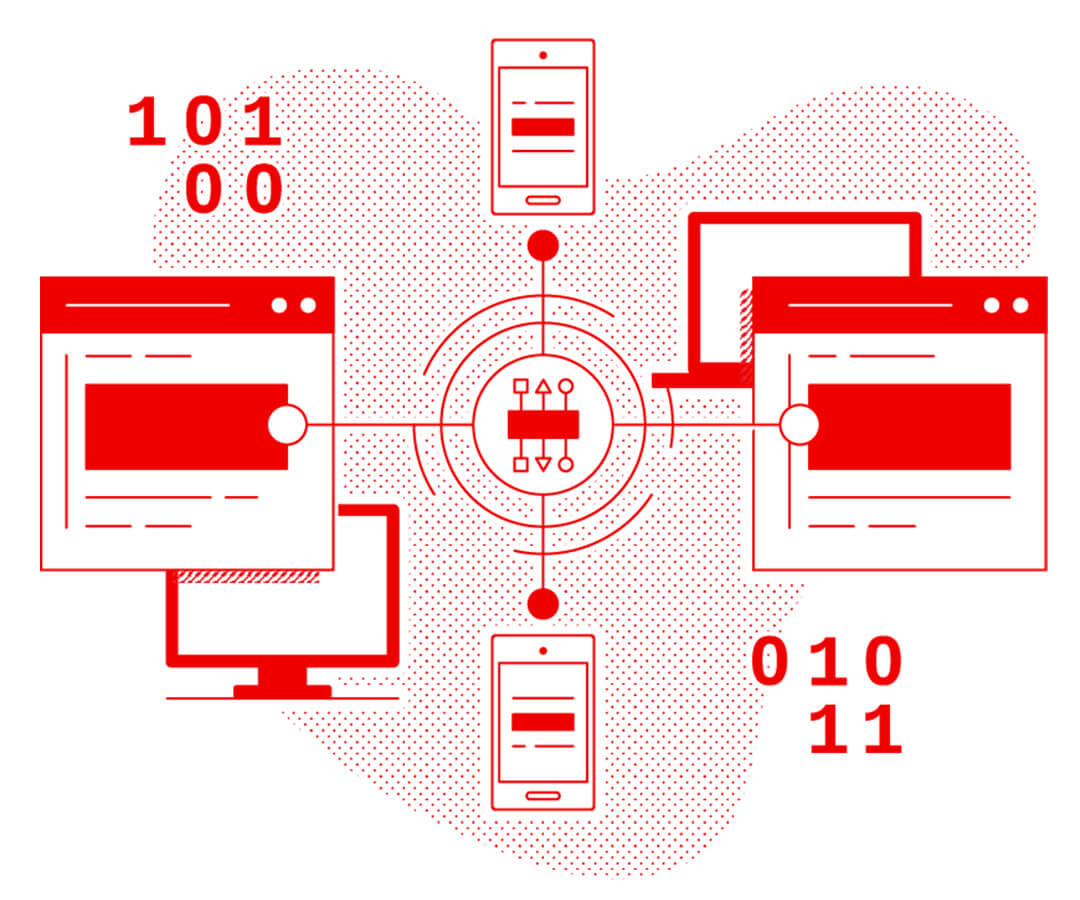 Grafische Illustration, die Browserfenster, Smartphones und Computer zeigt, die über eine API-Schnittstelle miteinander verbunden sind