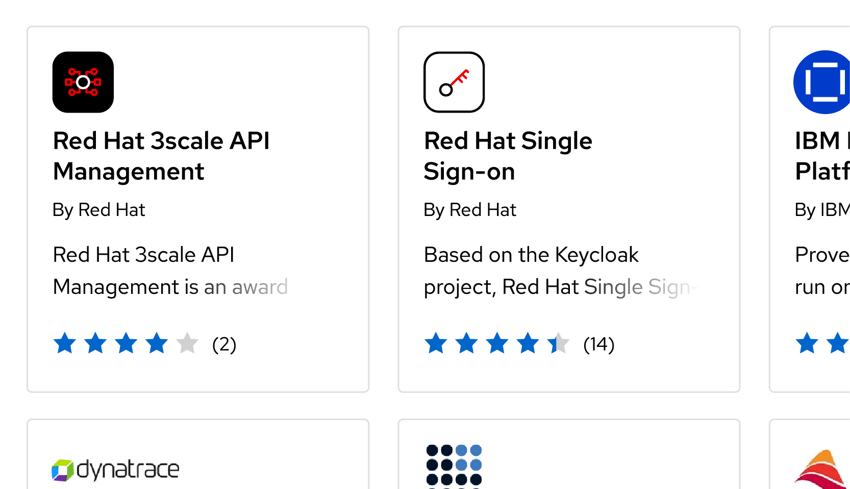 Screenshot of two Red Hat product icons in a marketplace with their full product name typed underneath.