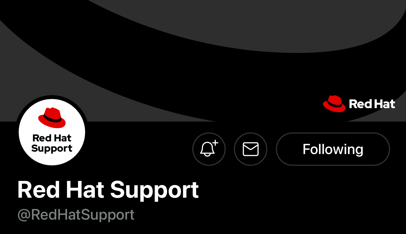 Screenshot of the Red Hat Support Twitter account showing the Red Hat fedora icon in the profile picture and the header image.