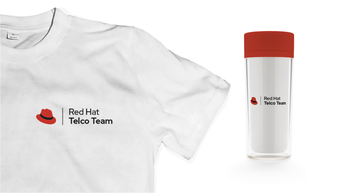 Swag items with the Red Hat Telco Team logo 
