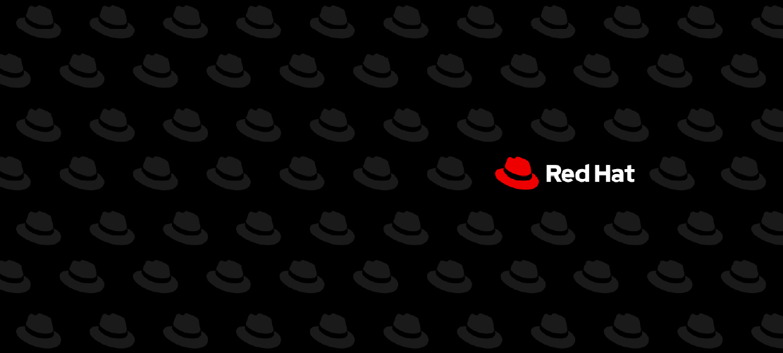 A pattern of hats in black and dark gray with a Red Hat logo on top.