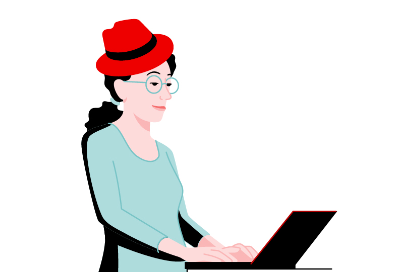 An illustrated woman in blue wearing the hat on her head