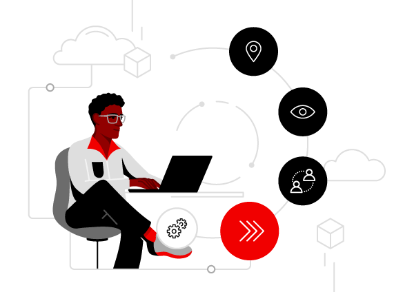 man working on computer surrounded by clouds and the five process journey: fourth step