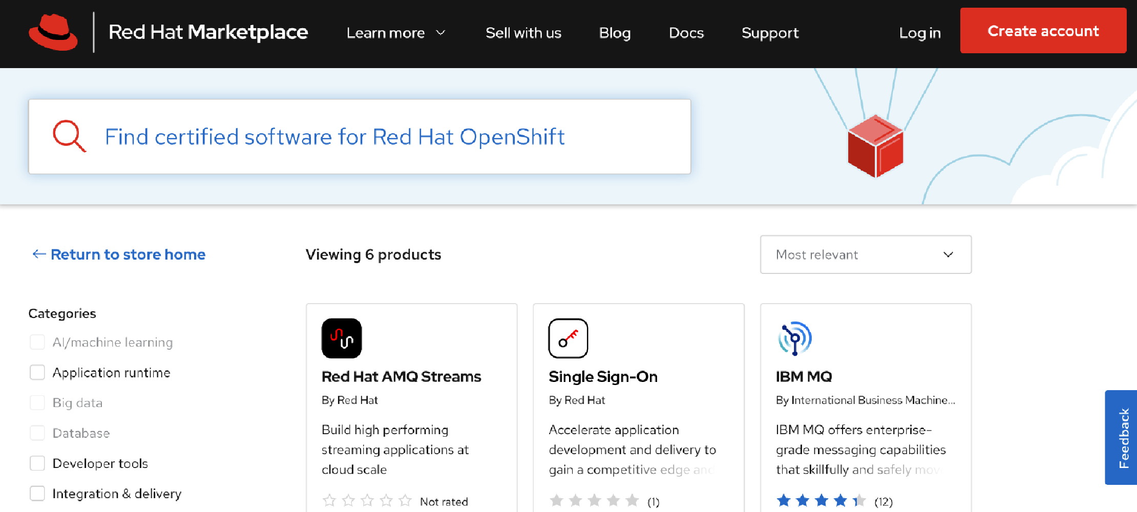 A screenshot of Red Hat Marketplace featuring two Red Hat offerings represented by product icons