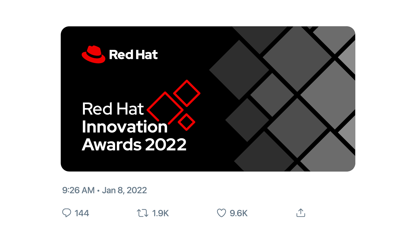 Red Hat Innovation Awards 2022 social media post with the Red Hat logo and a diamond pattern that matches the initiative logo.