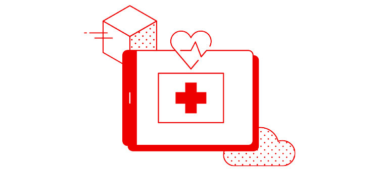 Ilustração sobre o setor de saúde com um tablet e um coração