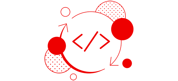 Red and white illustration with code symbol in the center