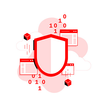 Illustration showing a shield, clouds, containers, application windows, ones, and zeros