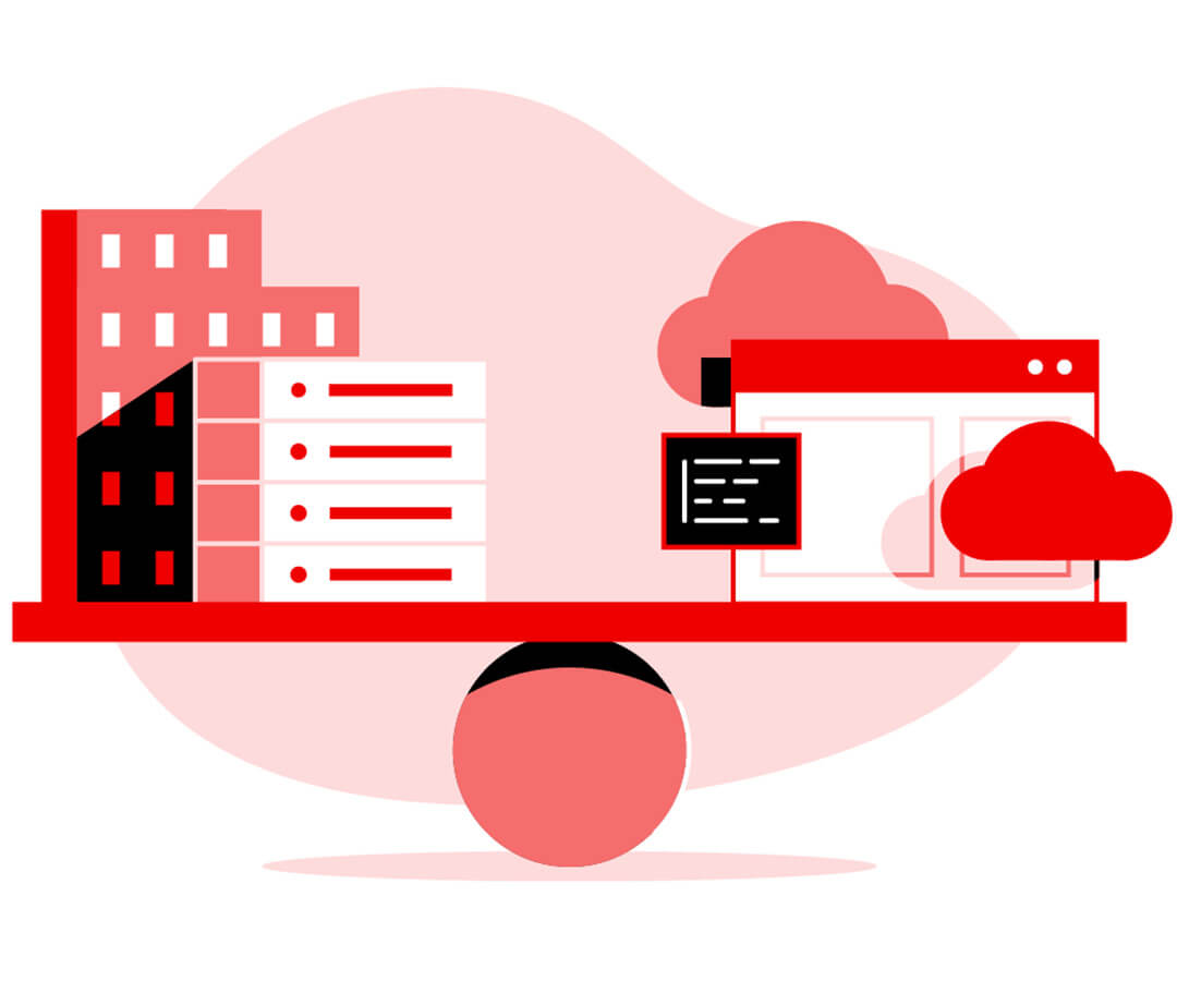 Illustrazioni di cloud e container in equilibrio su una sfera