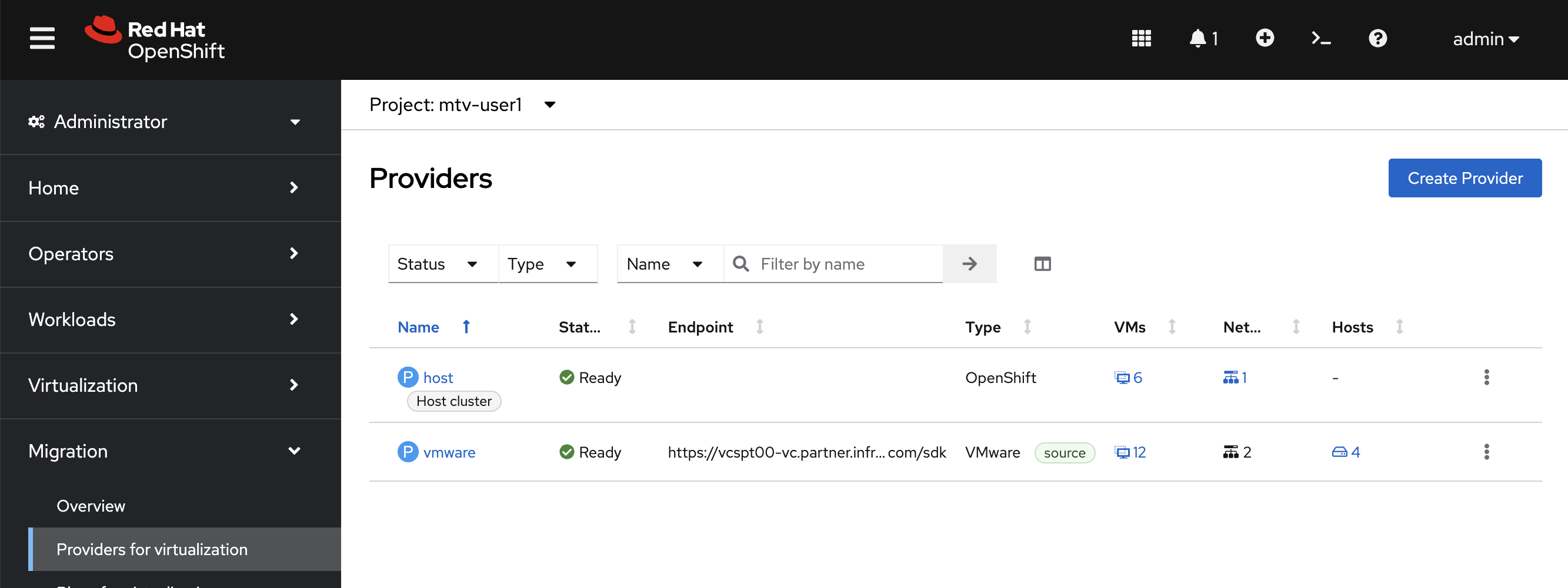 screenshot of VMware vSphere provider in the Red Hat OpenShift web console.