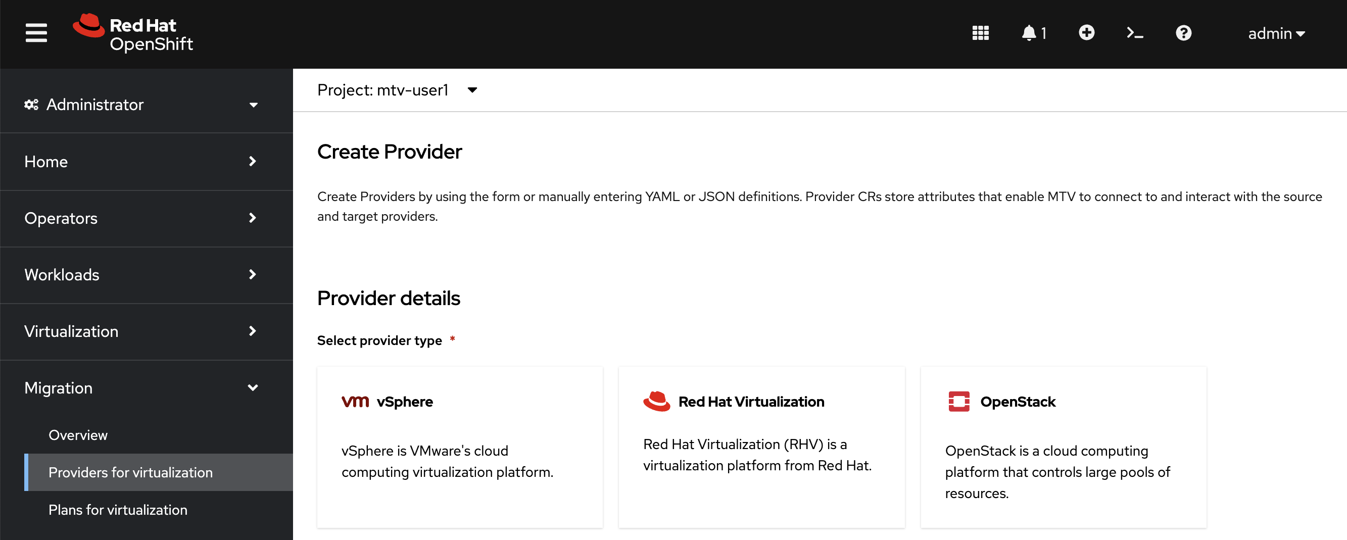screenshot of VMware vSphere create provider screen in the Red Hat OpenShift web console.