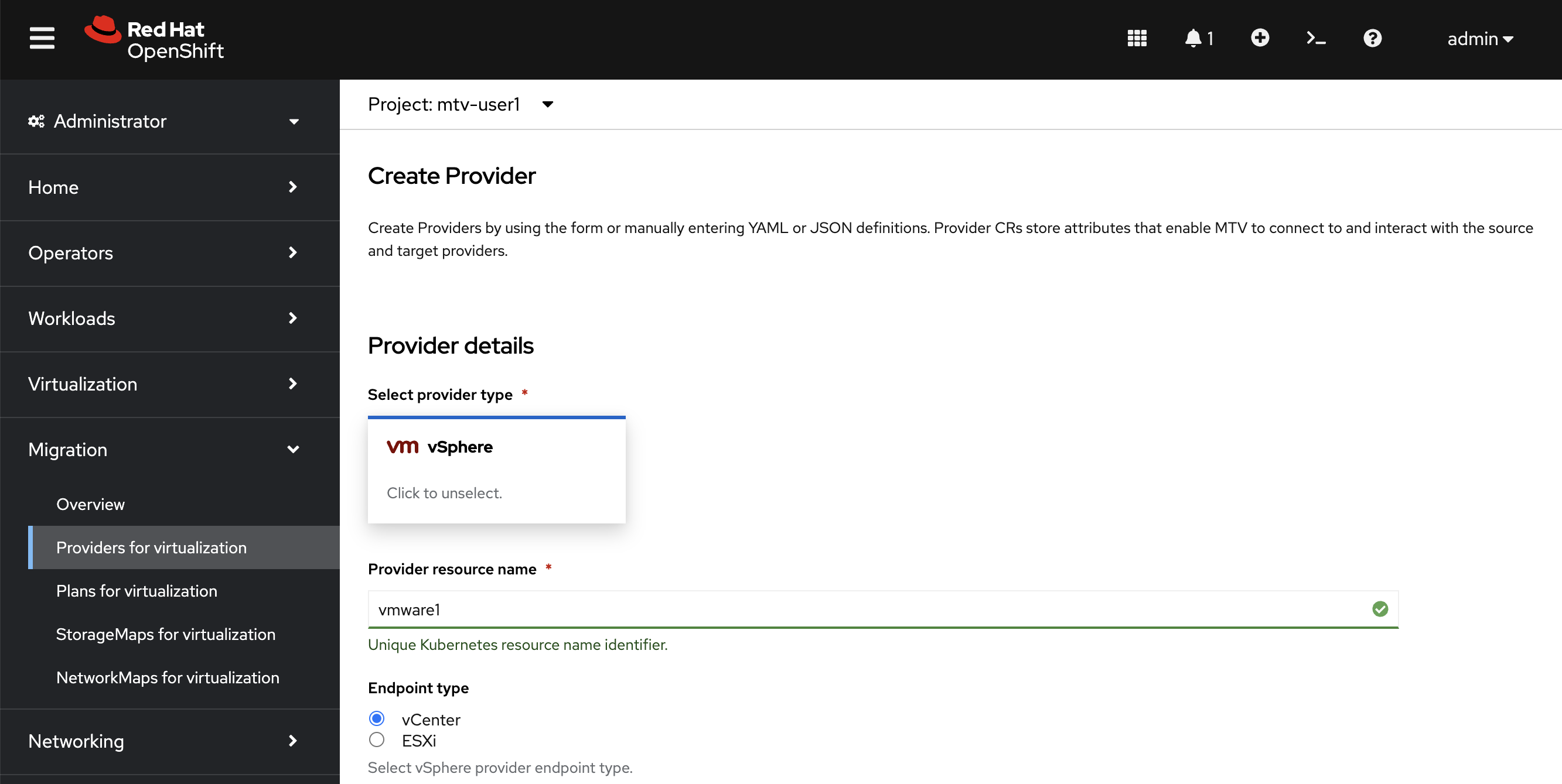 screenshot of VMware vSphere create provider screen in the Red Hat OpenShift web console.