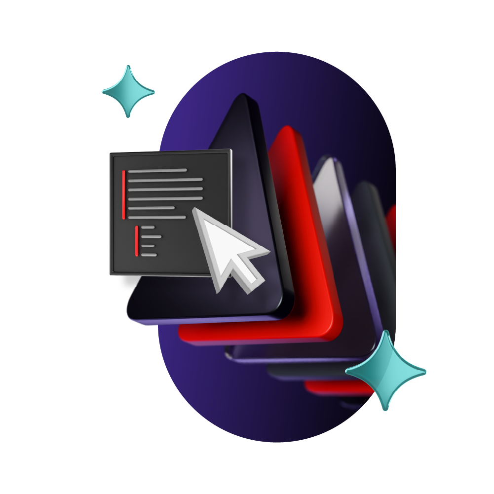 A cursor hovers over a UI window on a stack of layered red and black abstract platforms