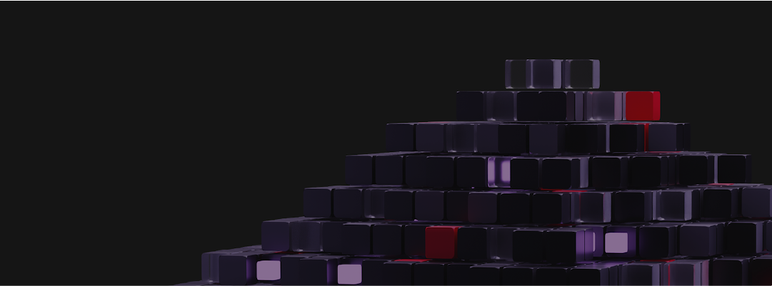 A microservices architecture as a pyramid of interconnected purple and red cubes