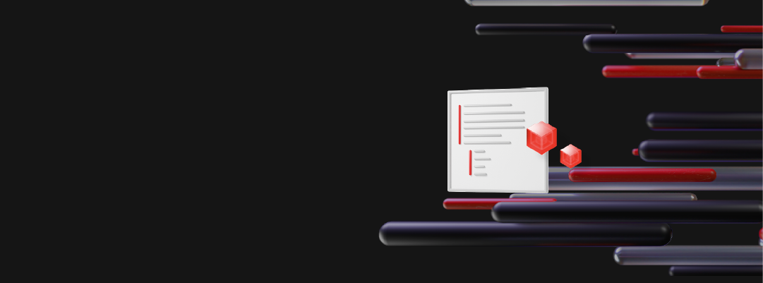 A document and red containers move along abstract red and purple data streams