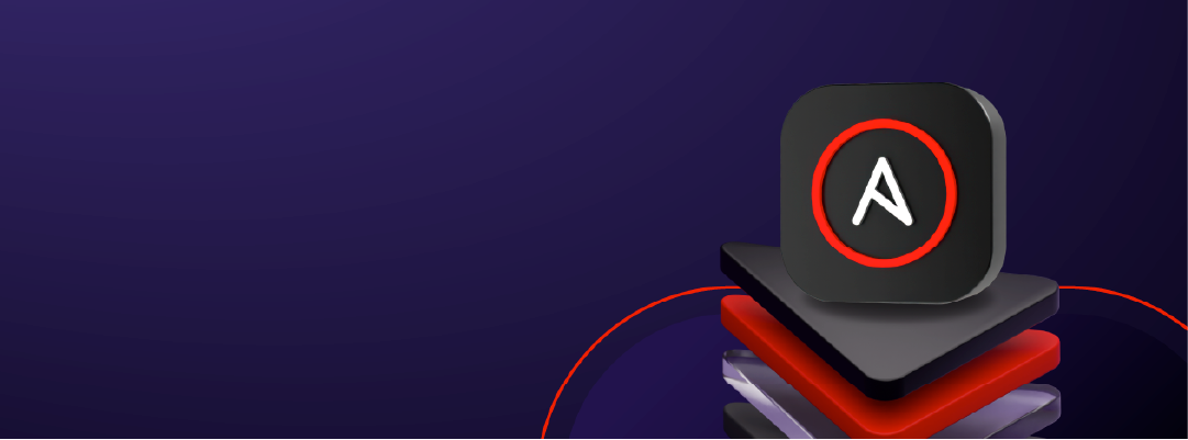 A downward arrow with the Red Hat Ansible Automation Platform logo on a stack of red and black layers