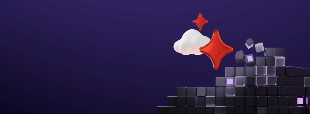 A cloud icon and red stars float above a wave of dark cubes, representing scalable cloud services