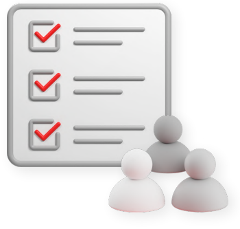 a checklist with red checkmarks next to three figures representing a team