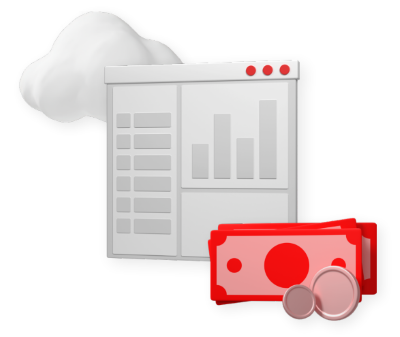 a web browser interface with a data table and bar chart, adjacent to a cloud icon and stacks of red cash/banknotes and coins,