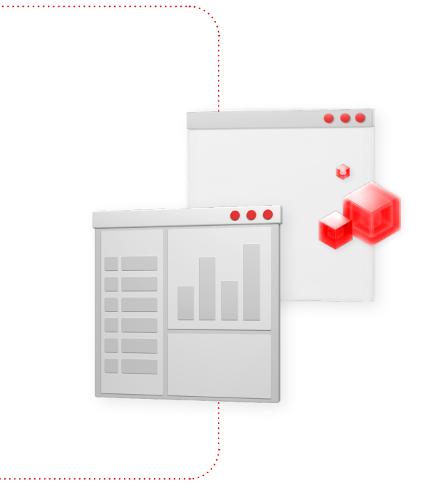 two overlapping web browser windows: one displaying a data table and bar chart, and the other showing three red cubes in a 3D space