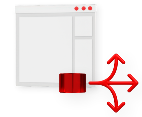 a web browser window/application interface with a blank content area and a red translucent cube at the bottom that is connected to three outward-pointing red arrows branching from a single line