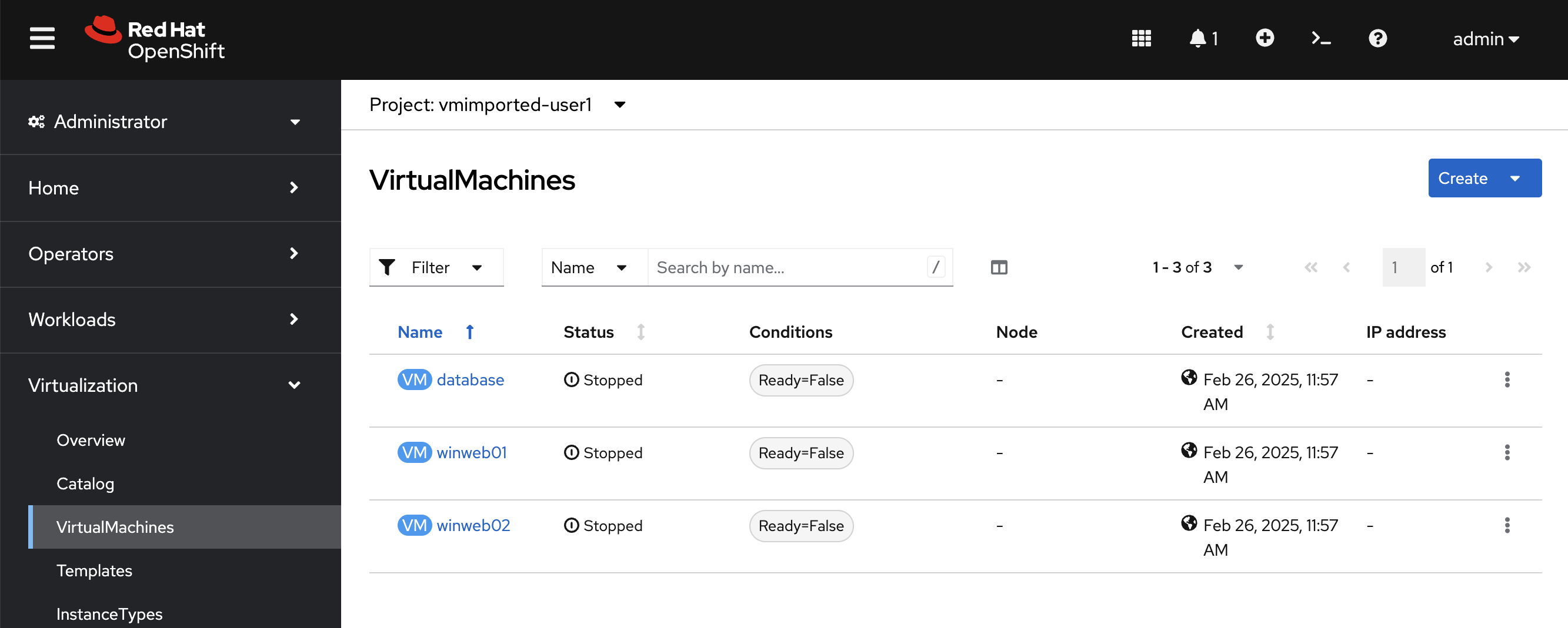 Screen shot of Virtual machines area in Red Hat OpenShift web console