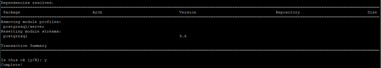 # yum module reset PostgreSQL                    #Resets postgresql module