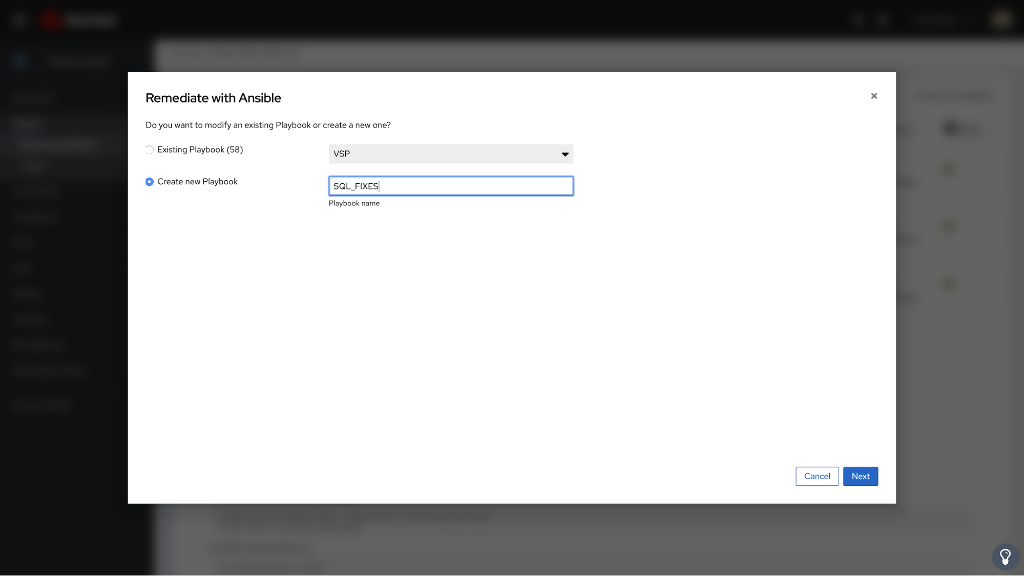 Red Hat Insights Remediate with Ansible dialog