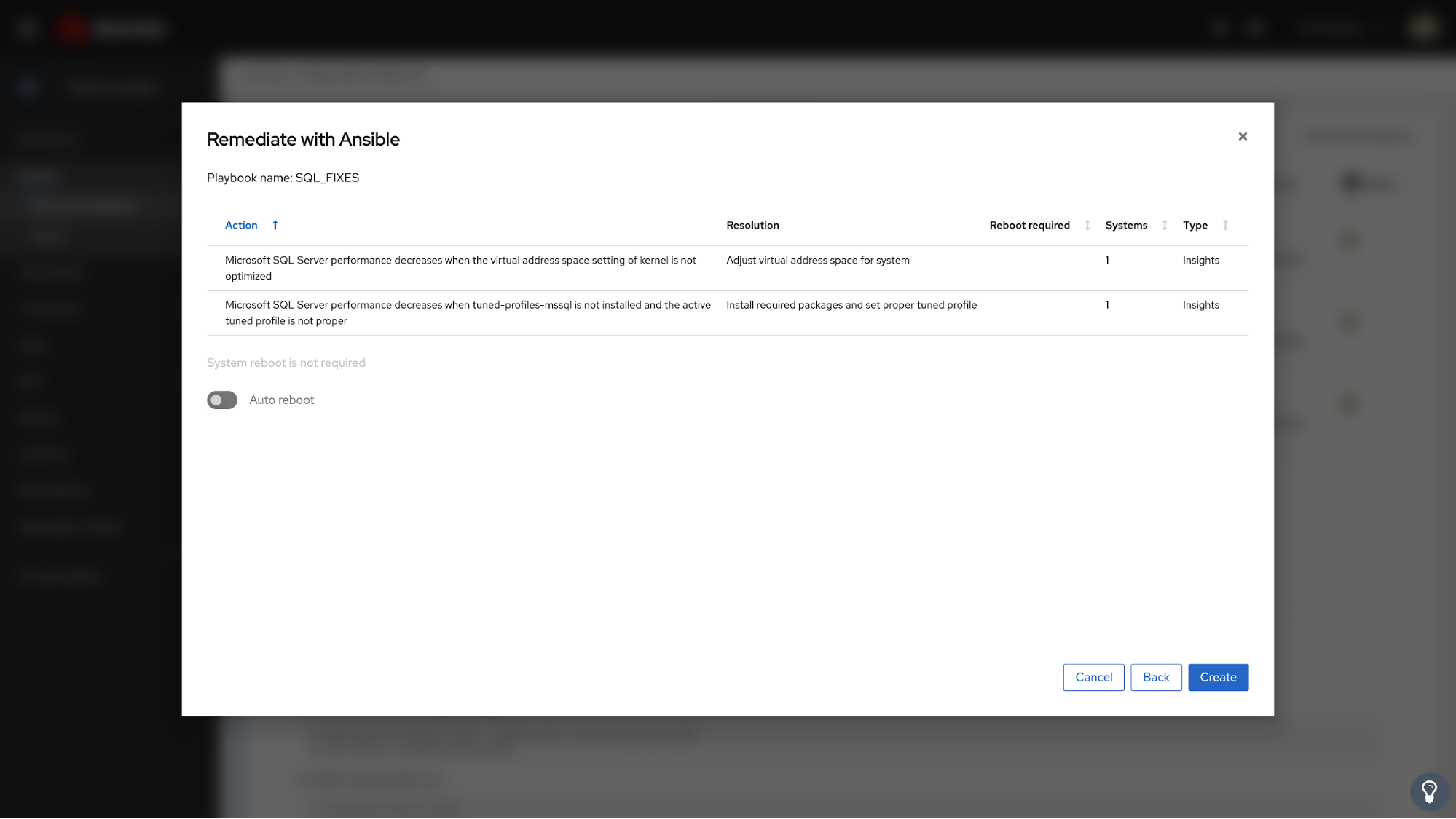 Red Hat Insights Remediate with Ansible Create dialog