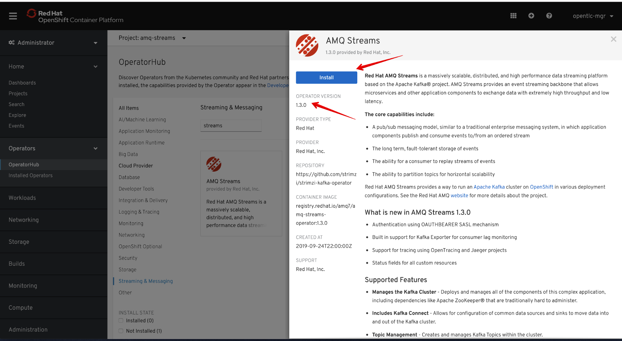 Figure 6: Install the AMQ Streams Operator