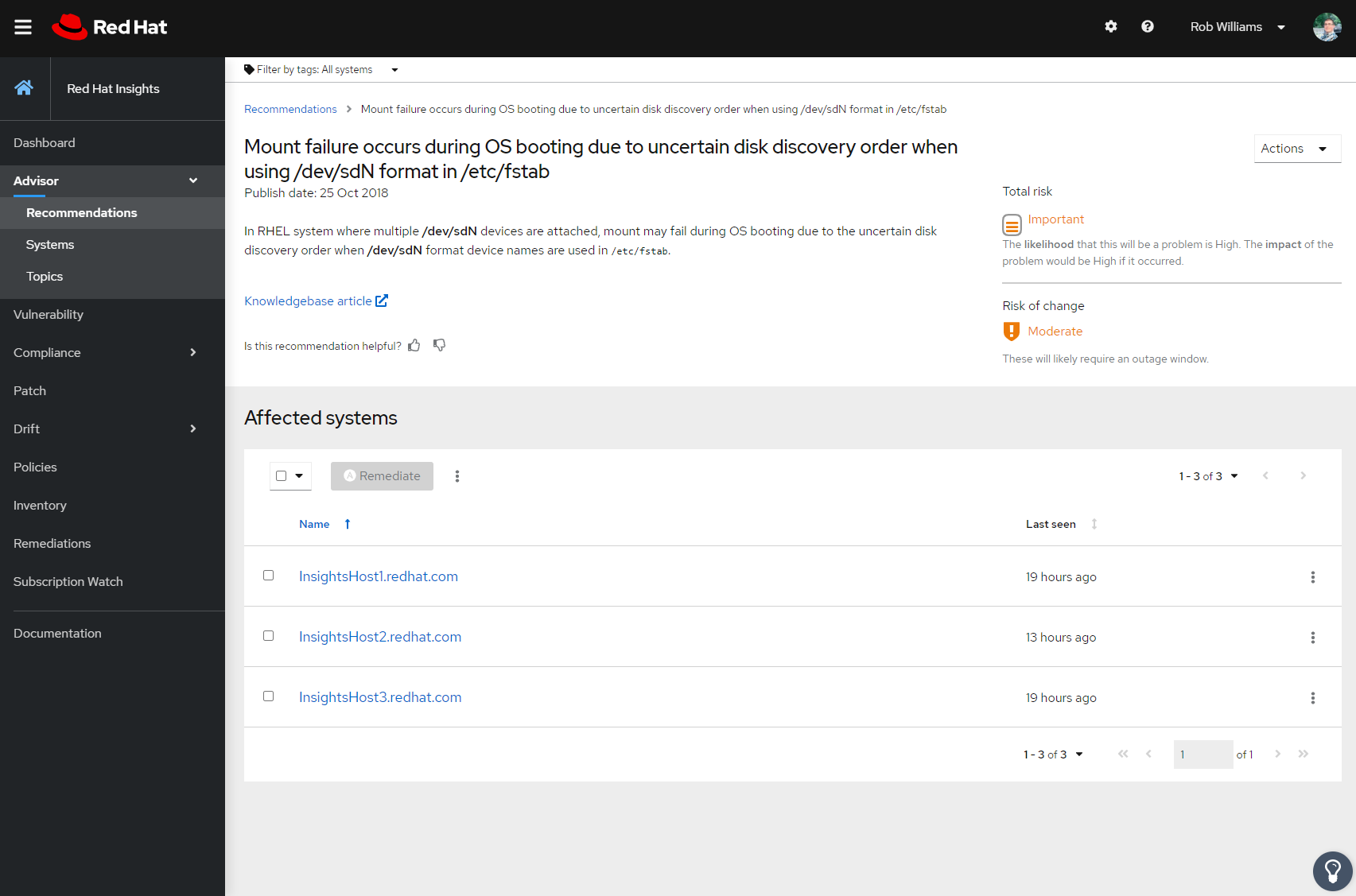 Figure 2: Red Hat Insights recommendation, cross-linked to knowledge base article, showing which inventories systems and cloud instances are impacted by this risk. 