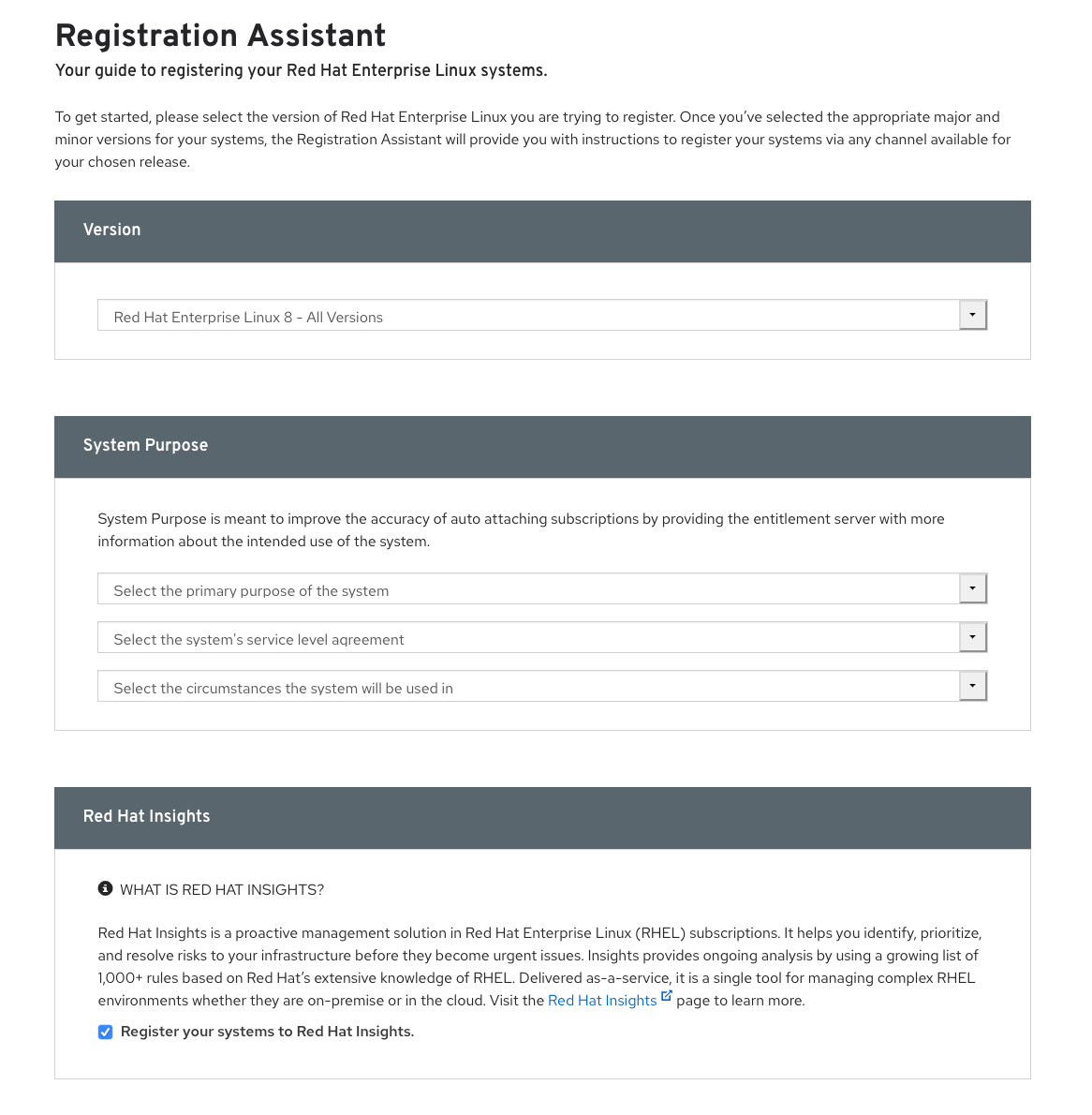 Figure 3: Registration Assistant for Red Hat Enterprise Linux that now includes (bottom) an option to register the Red Hat Insights client. 