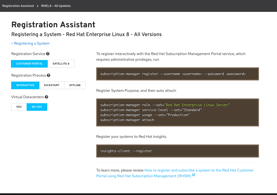 Figure 4: Registration instructions provided by the Registration Assistant app to expedite completion of the Insights client registration process, tailored to the version of Red Hat Enterprise Linux.