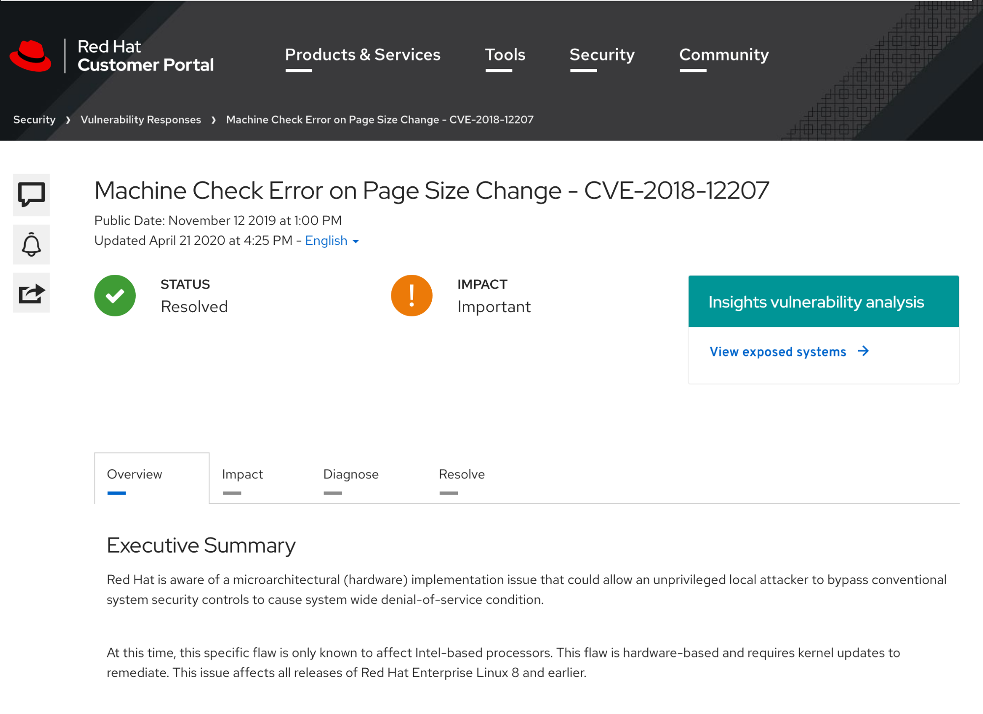 Figure 5: Red Hat vulnerability article that links to associated Red Hat Insights CVE recommendations.