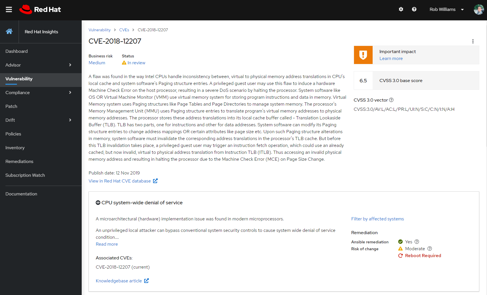 Figure 6: Red Hat Insights Vulnerability findings are displayed including the list of registered systems where this CVE has been identified. The information about this CVE within Insights is also linked out to the related Customer Portal Vulnerability Res