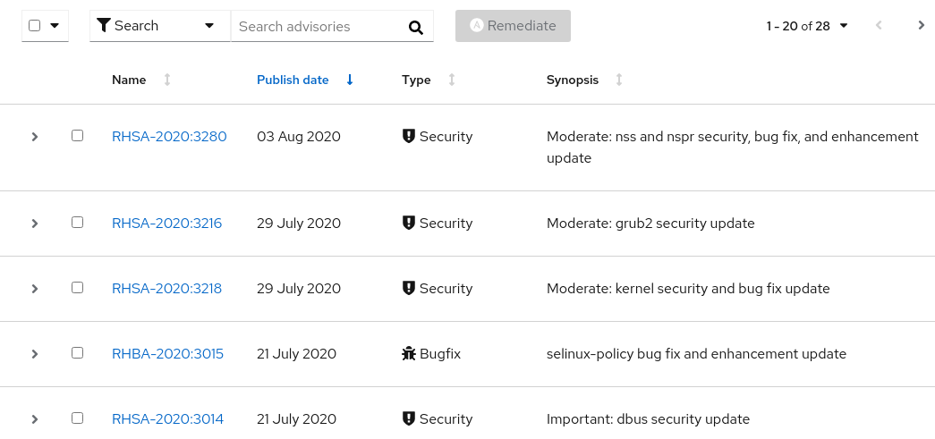 Figure 12. List of advisories applicable for a specific system