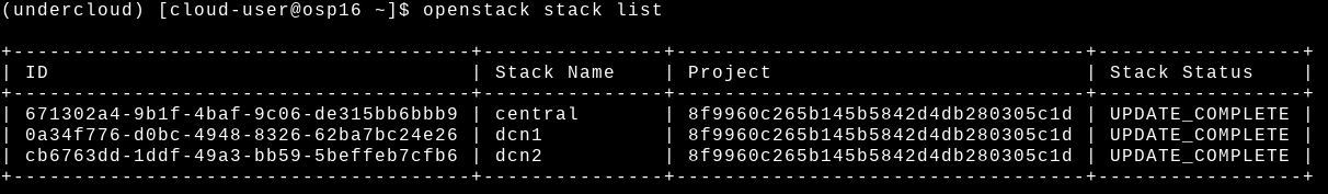 The output from “openstack stack list” shows our three stacks