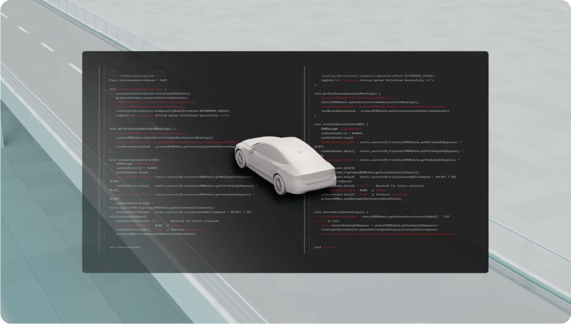 A white model car on a screen of code, floating above a stylized highway.