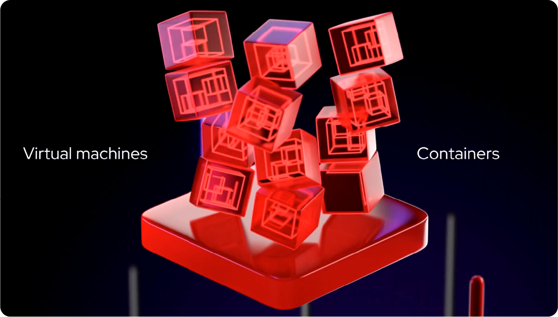 Translucent red cubes representing virtual machines and containers on a red platform.