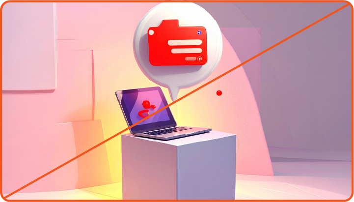 Image showing misuse: AI generated 3D objects of a laptop, folder, and chat bubble.