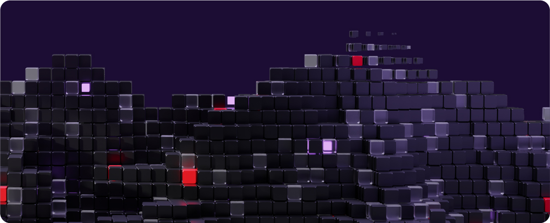A mass of small cubes that are all the same size stacked in a pyramid shape. The cubes are red, black, and transparent glass texture.