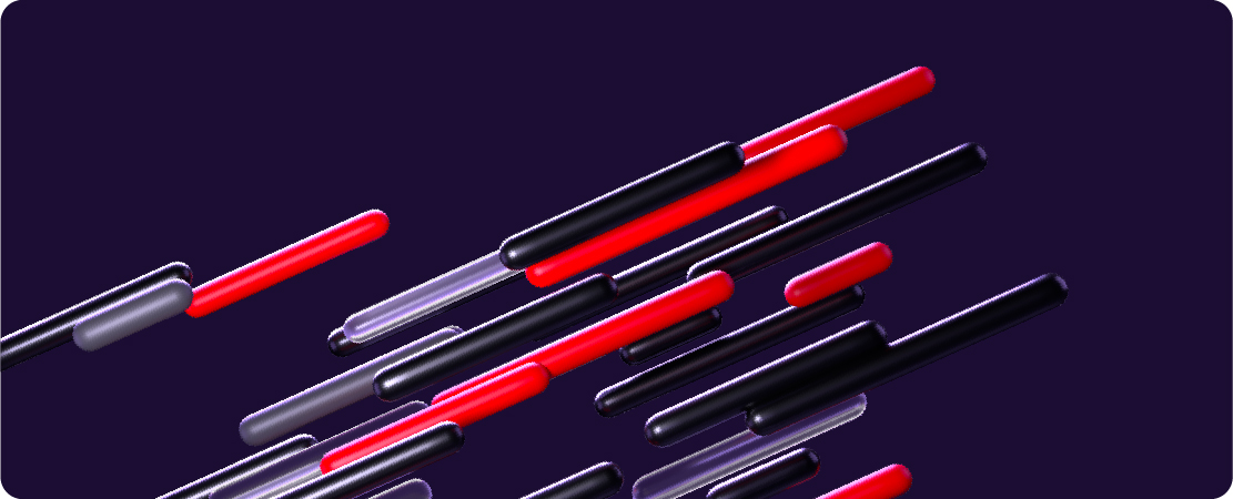 Pill shapes of various lengths entering the frame from the lower left corner at an angle. The pills are red, black, and transparent glass texture.