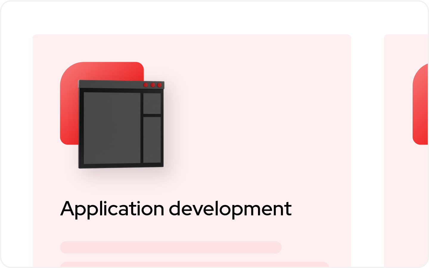 A web card with the title “Application development” and a mini collage at the top, featuring a red base shape and the 3D application.
