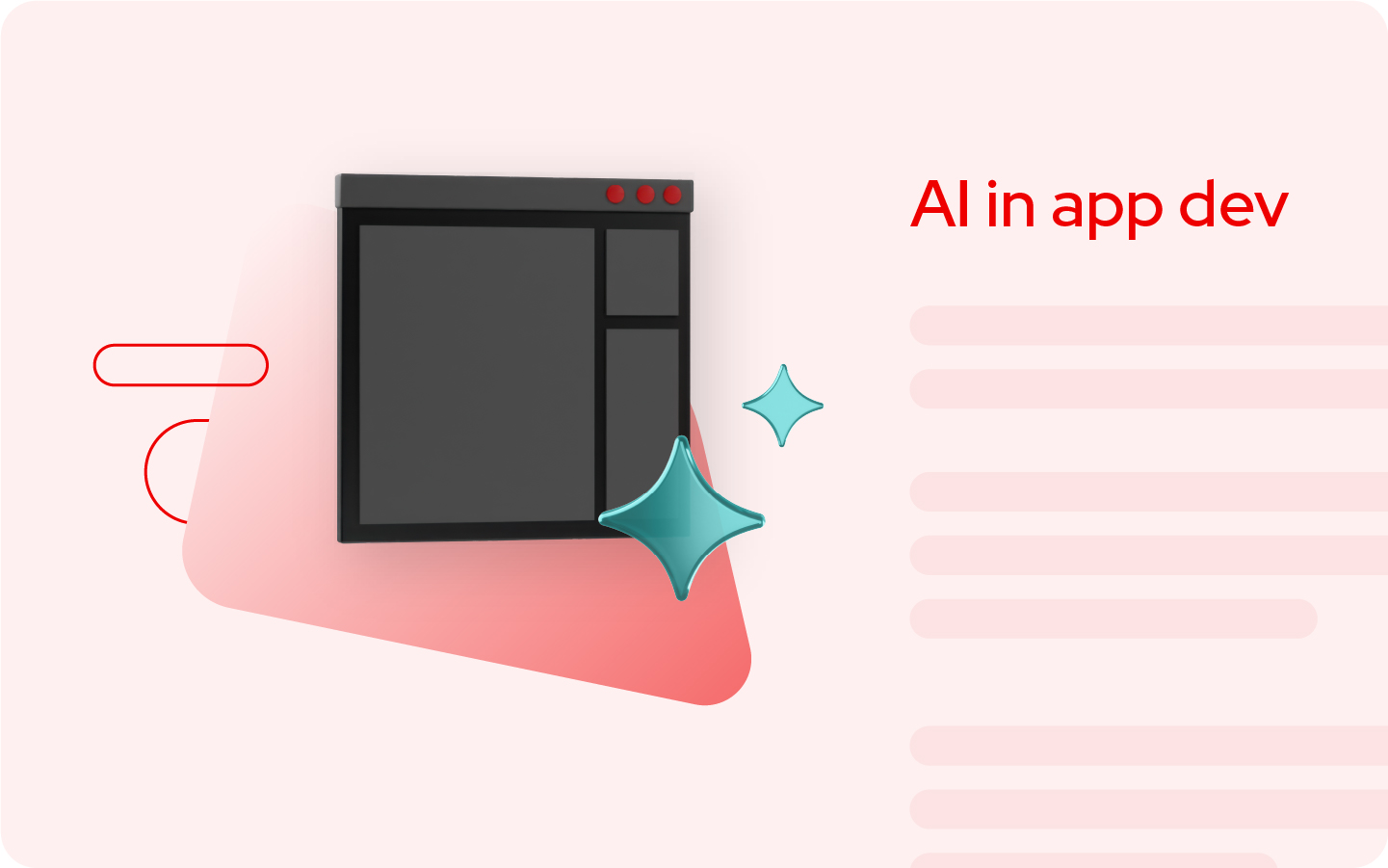 A web band with the text “ AI in app dev” featuring the 3D application and 3D AI sparkle, sitting on top of a base shape.