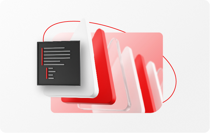 A collage features application development artwork masked inside the rectangle base shape. The triangles appear to be emerging from a space within the base shape and popping out of the frame.