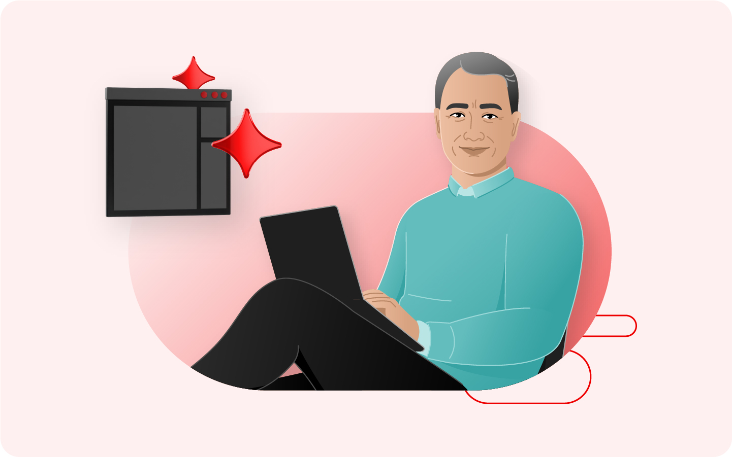 A collage featuring an illustration of a man using a computer plus the 3D objects representing an app and AI.