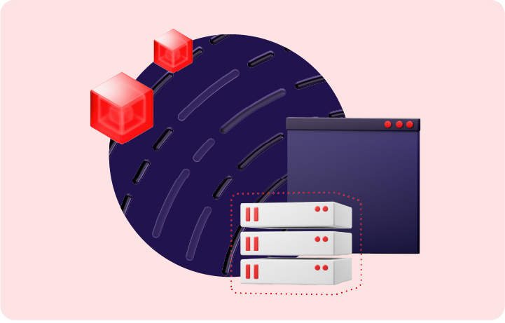 A collage features a virtual server, an app window, and containers floating in front of the circle base shape. The circle is filled with the tone-on-tone dark 3D platform art for application development on top of a purple background.