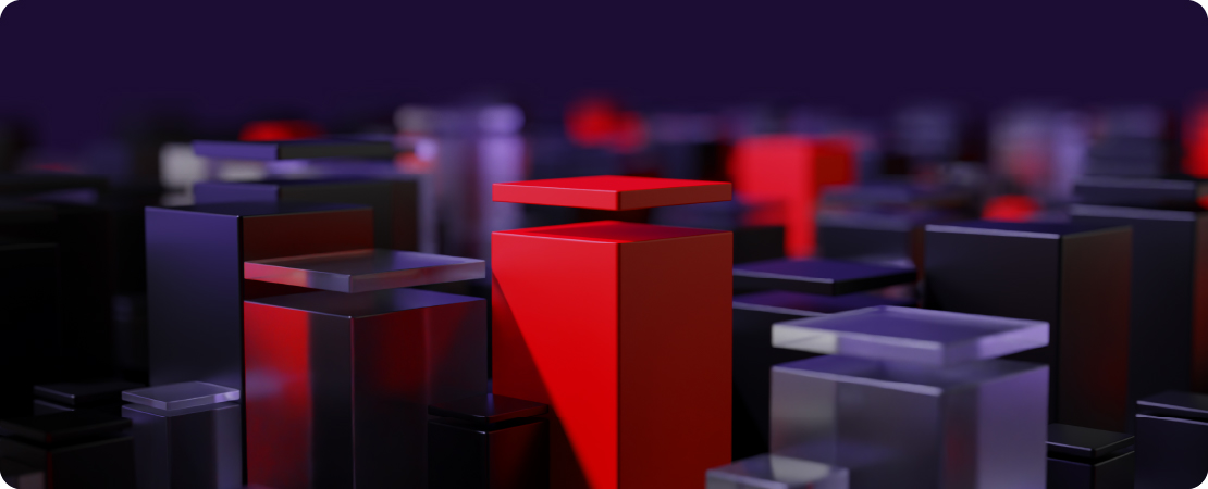A 3D rendering of vertical rectangular prisms of various heights in red, black, and transparent glass texture. Some pillars have flatter rectangular prisms that represent platforms floating above them. The prisms fade into the background out of focus.
