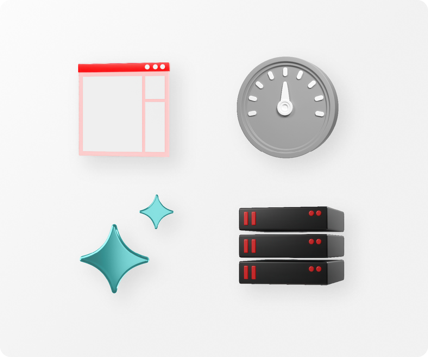 Simple 3D drawings of a pink application window, a gray speedometer, a teal AI sparkle, and a black stack of servers.